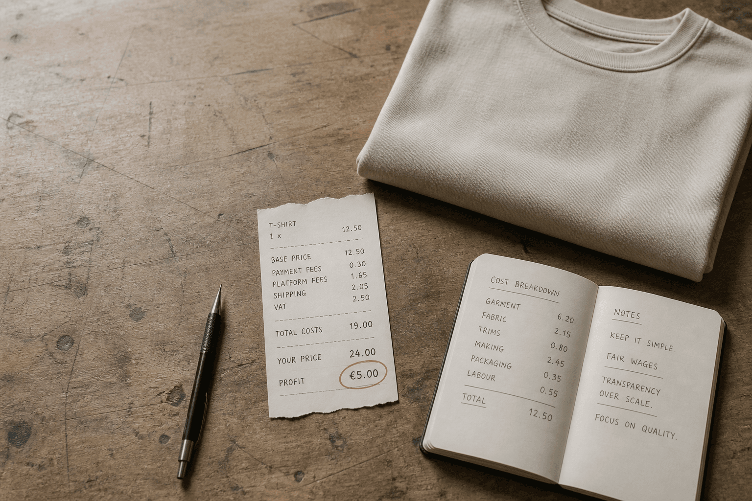 Folded blank t-shirt beside a pricing receipt and notebook on a workbench